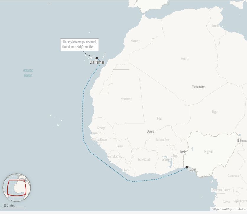 「阿尔提尼二号」由尼日利亚首都拉各斯出发，航行超过2700海里，周一抵达西班牙大加那利群岛的拉斯帕尔马斯港。AP