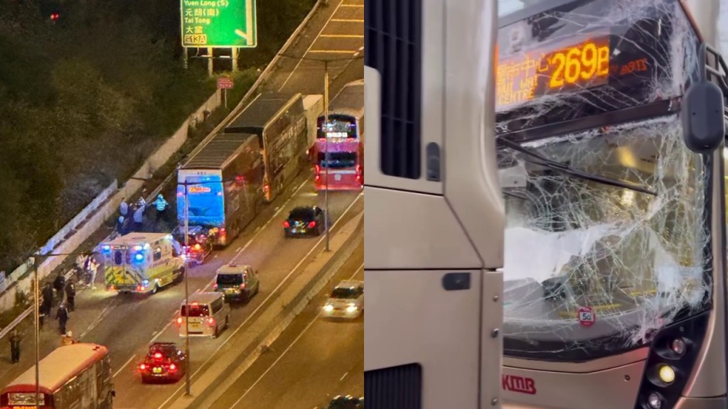 元朗公路4車相撞包括兩巴士 約20人輕傷 交通大擠塞車龍逾6公里