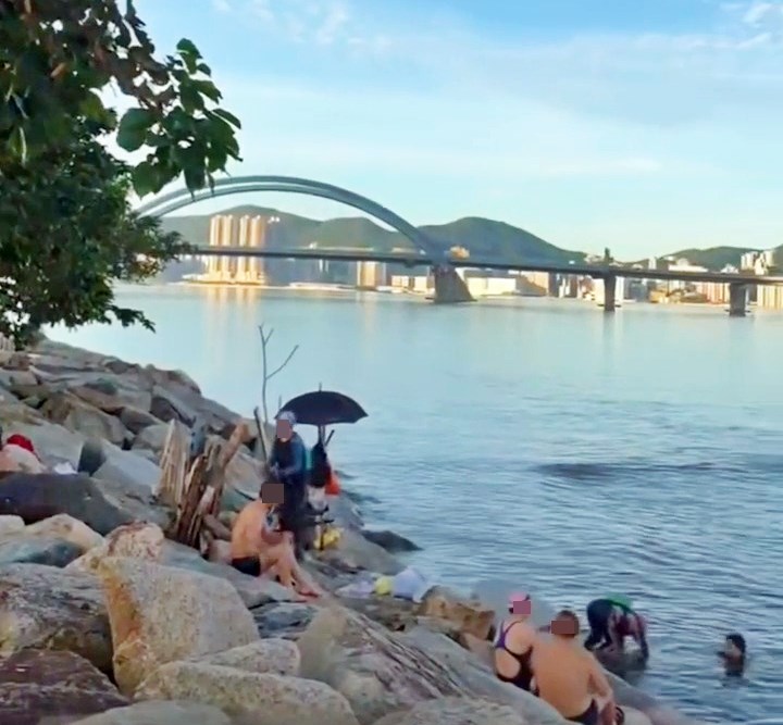 短片見到將軍澳地標之一的跨灣大橋,泳客 便在遠望大橋和港島的怡人環境下碧波暢泳。fb「將軍澳主場」截圖 短片見到將軍澳地標之一的跨灣大橋,泳客 便在遠望大橋和港島的怡人環境下碧波暢泳。fb「將軍澳主場」截圖