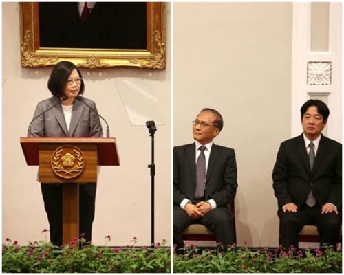 蔡英文(左)、林全(中)和賴清德出席記者會。