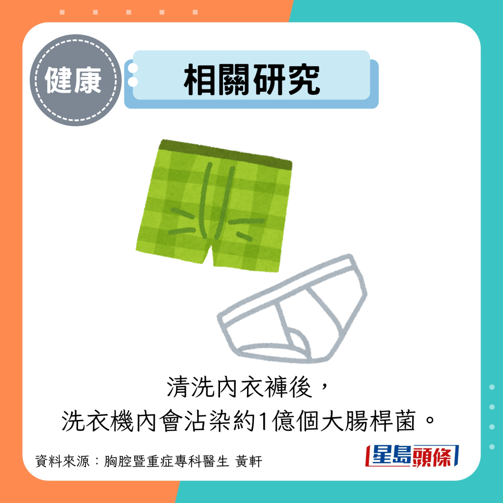 相关研究：清洗内衣裤后， 洗衣机内会沾染约1亿个大肠杆菌。