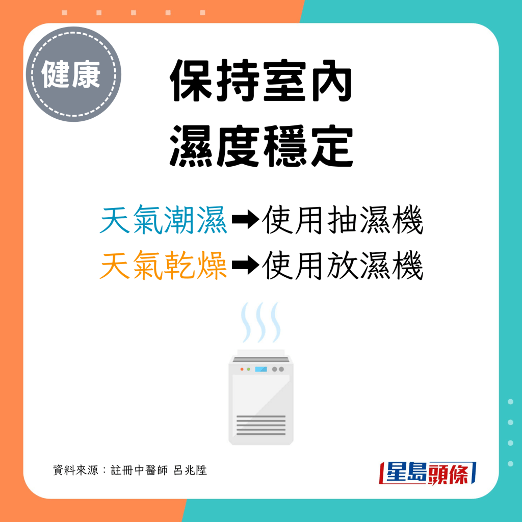 適時使用抽濕機或放濕機，保持室內濕度穩定。