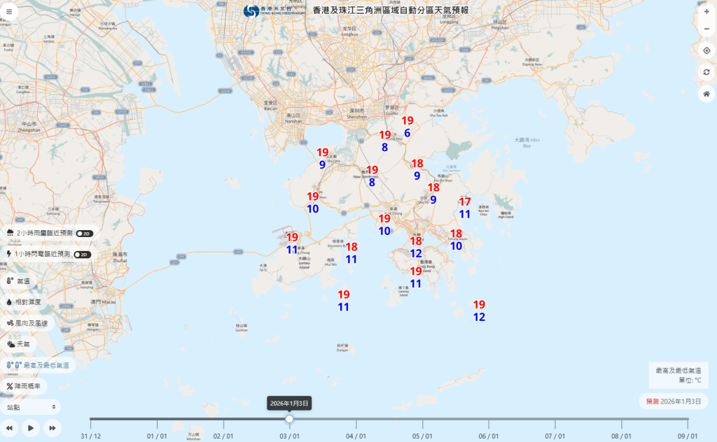 周六當日氣溫進一步下降，打鼓嶺氣溫降至6度。天文台網頁截圖