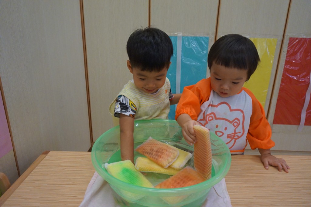 小朋友利用水和海棉，學習海棉的變化。