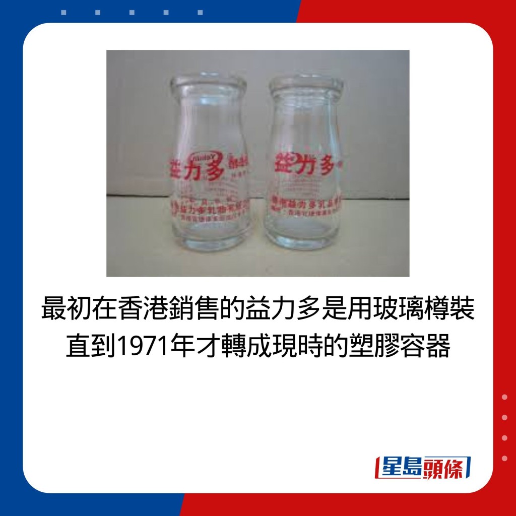 最初在香港銷售的益力多是用玻璃樽裝，直到1971年才轉成現時的塑膠容器。