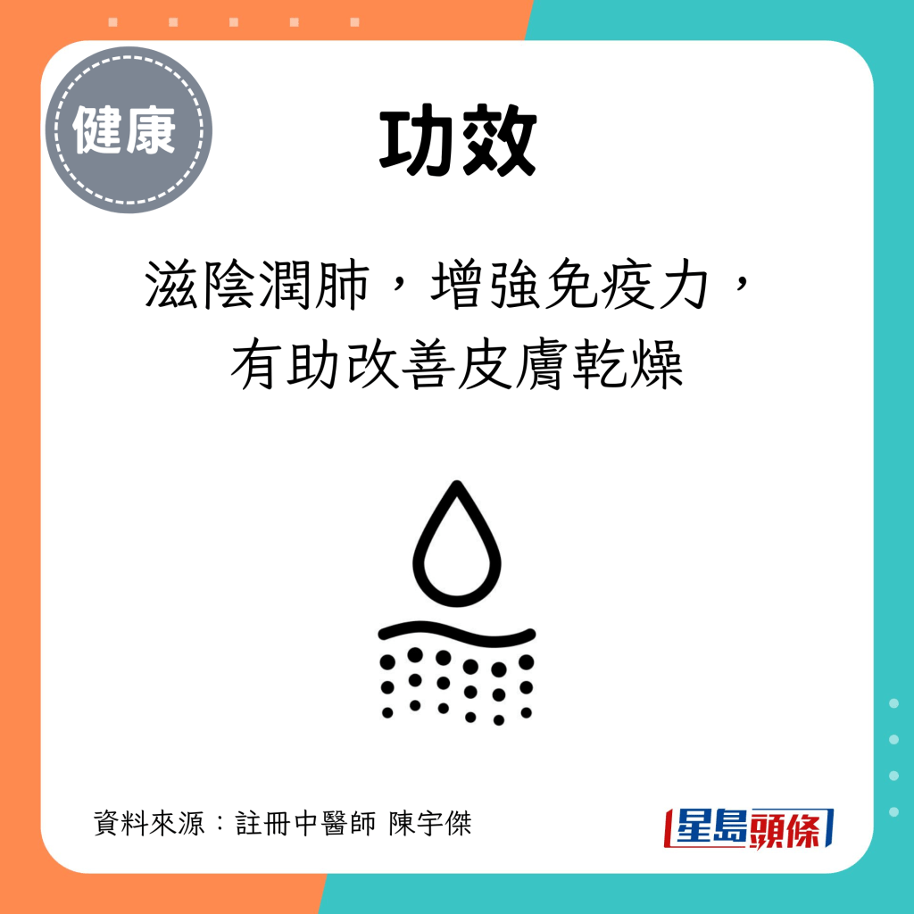 能滋阴润肺，增强免疫力，有助改善皮肤乾燥