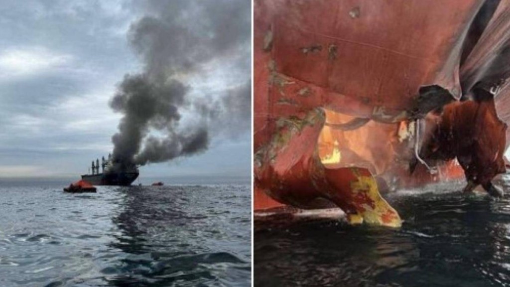 本月稍早，一艘挂著泰国国旗的货船在霍尔木兹海峡遇袭。X @MAwais3498