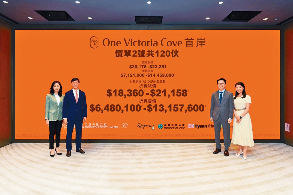 恒基韓家輝（左二）表示，首岸短期內公布銷售安排。左一為李菲茹小姐、右二為帝國曾申翹、右一為希慎葉慕貞。