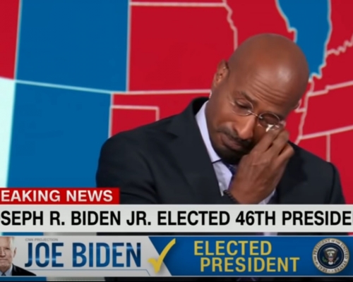 CNN政論主持人范瓊斯(Van Jones)得知拜登勝選消息後,當即淚灑主持台。CNN影片截圖