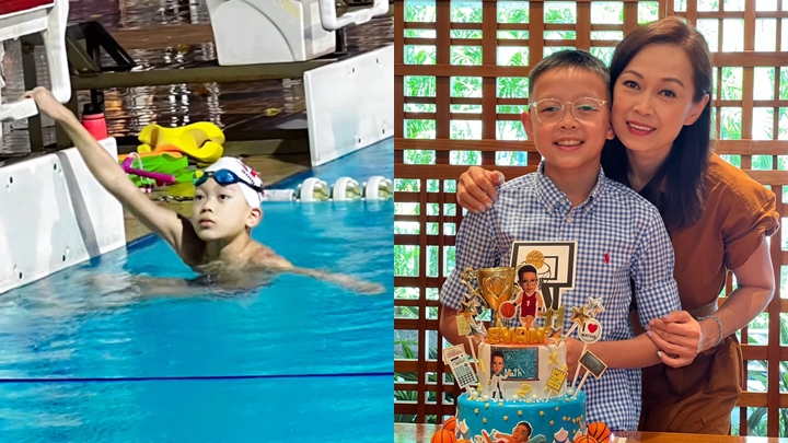 姚瑩瑩陪11歲兒子赴新加坡集訓。