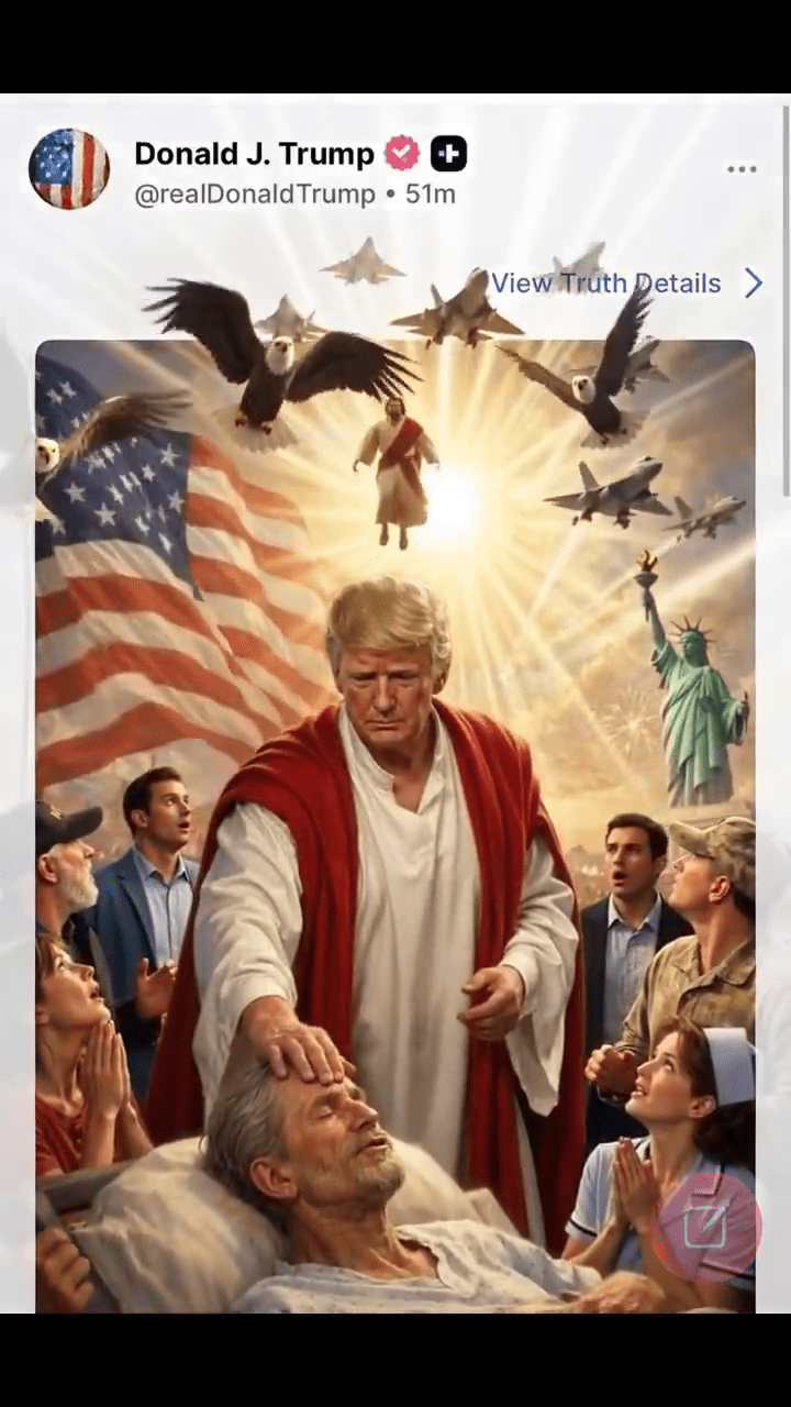 伊朗驻外使馆发AI片:特朗普遭耶稣“爆头打入地狱”。 伊朗驻外使馆发AI片:特朗普遭耶稣“爆头打入地狱”。