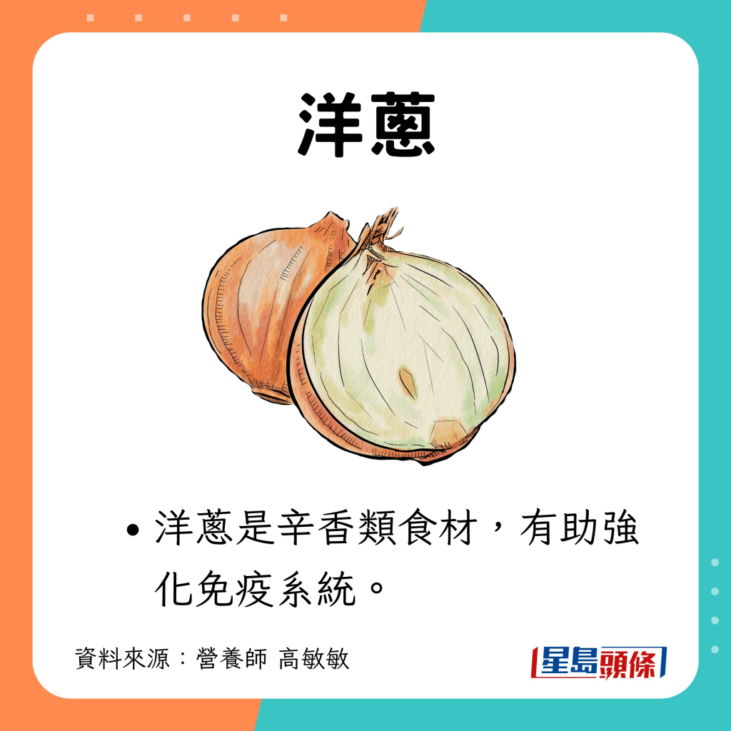 耐放蔬菜3｜洋蔥：洋蔥是辛香類食材，有助強化免疫系統。