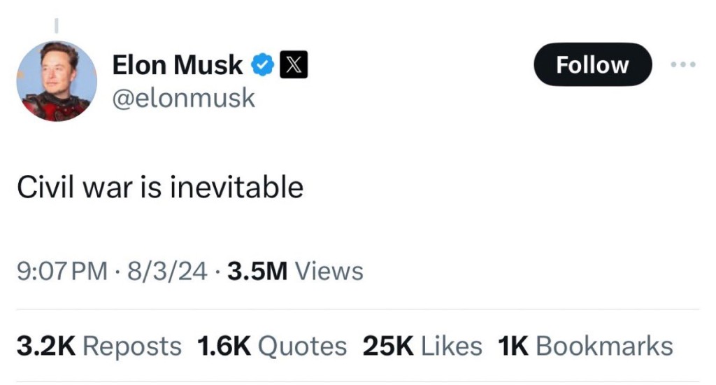 马斯克在社交媒体X上发表评论。（X@elonmusk）