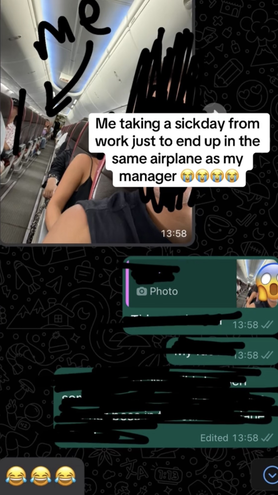 坐在飞机前排的老板自拍将她拍入镜，还把照片传给她。 TikTok