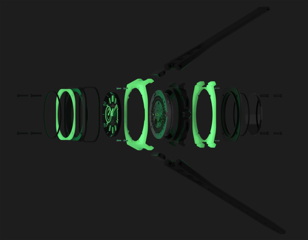 全新研發具有夜光功能的LM3D石英纖維製複合物料，製成會發光的錶圈及錶殼的上下層。