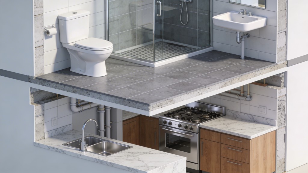 周先生發現，樓上鄰居家的新廁所位置，正正位於自家廚房的上方。（示意圖）