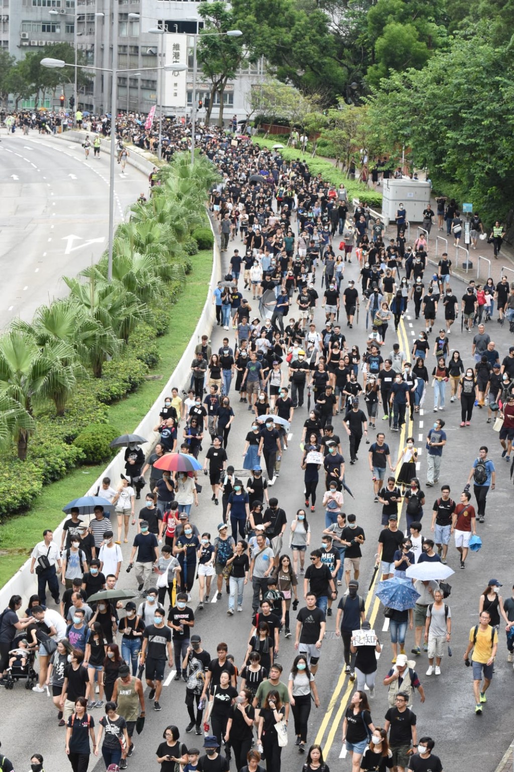大批遊行人士走出馬路。