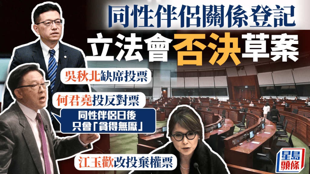 同性伴侶關係登記｜立法會否決草案 71票反對 僅14票贊成 行會成員吳秋北缺席投票
