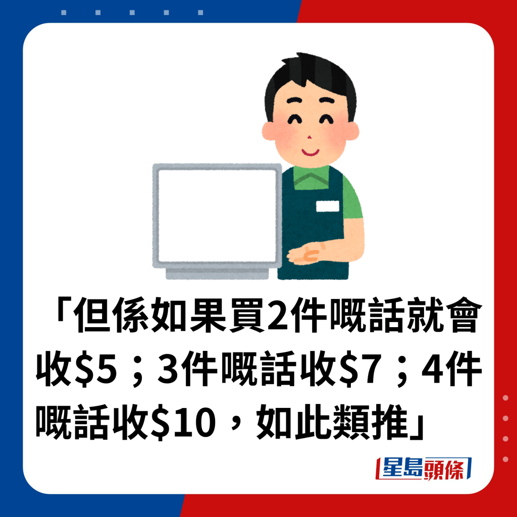 「但系如果买2件嘅话就会收$5；3件嘅话收$7；4件嘅话收$10，如此类推」