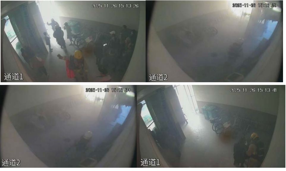 何偉豪與兩名隊友出發前往宏昌閣期間，途經單車棚遇上幾名居民（左上角），何曾短暫停下協助一名坐輪椅的長者（右下角）。委員會文件