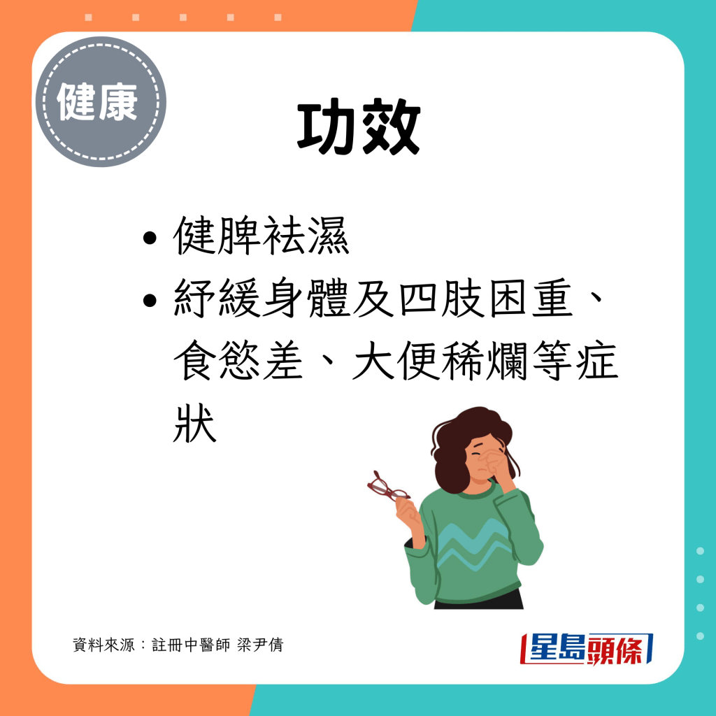 健脾袪濕，紓緩身體及四肢困重、大便稀爛等症狀