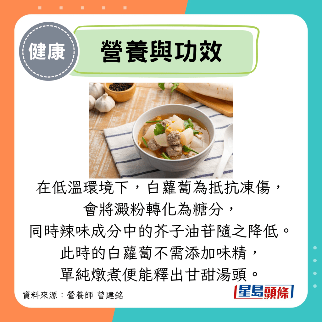 營養與功效：在低溫環境下，白蘿蔔為抵抗凍傷， 會將澱粉轉化為糖分， 同時辣味成分中的芥子油苷隨之降低。 此時的白蘿蔔不需添加味精， 單純燉煮便能釋出甘甜湯頭。