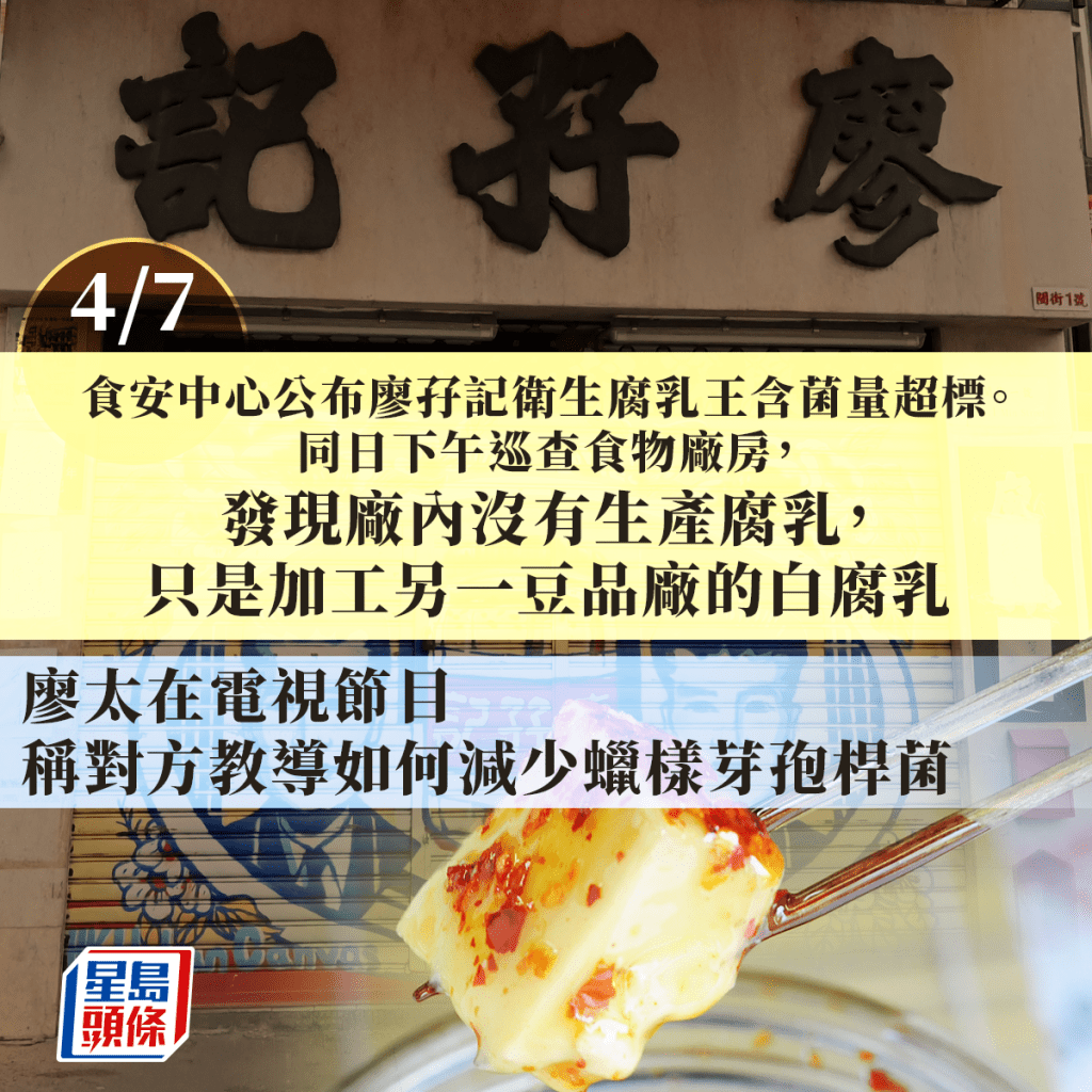  食安中心向公众公布廖孖记卫生腐乳王含菌量超标。同日下午巡查食物厂房发现原材料贮存不当及包装区卫生欠佳