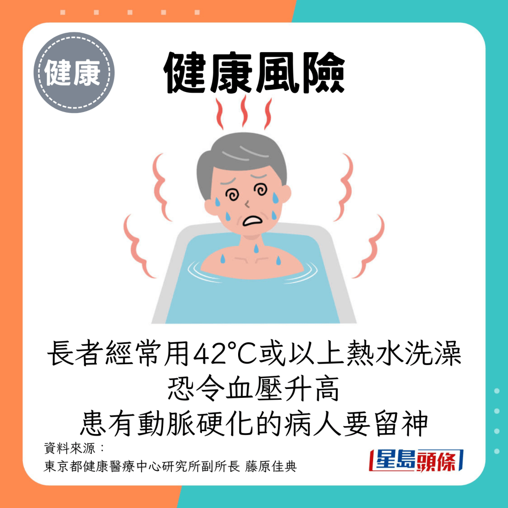 长者经常用42°C或以上热水洗澡，恐令血压升高，患有动脉硬化的病人要留神。