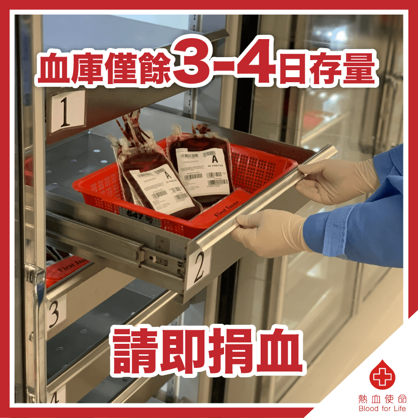 目前血庫僅餘3至4日存量。香港紅十字會輸血服務中心FB