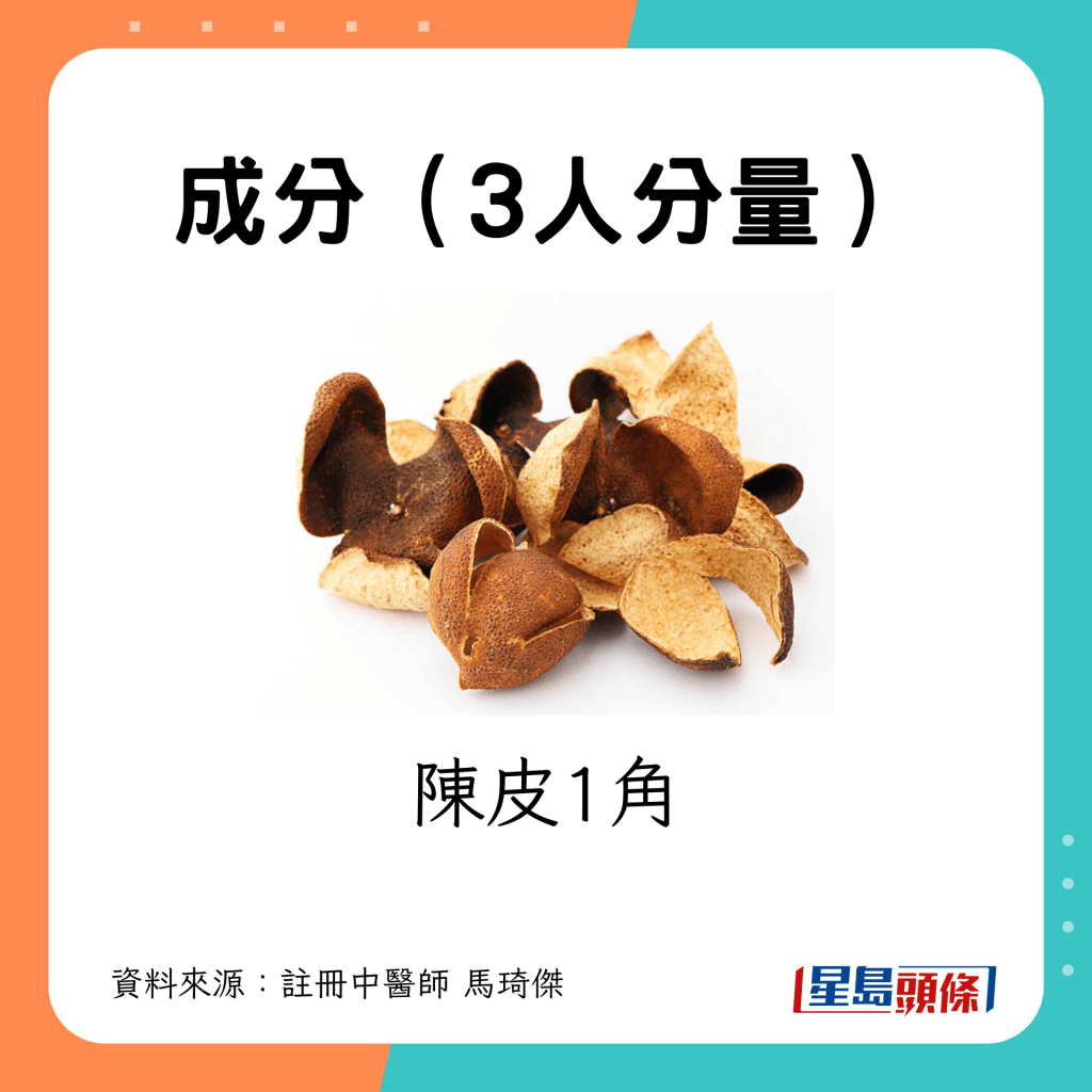 成分（3人分量）：陈皮1角