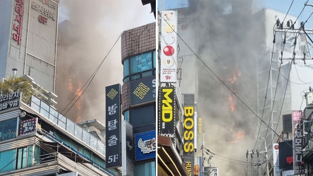 南韓仁川樂天電影院大火，濃煙籠罩整棟大樓。twitter