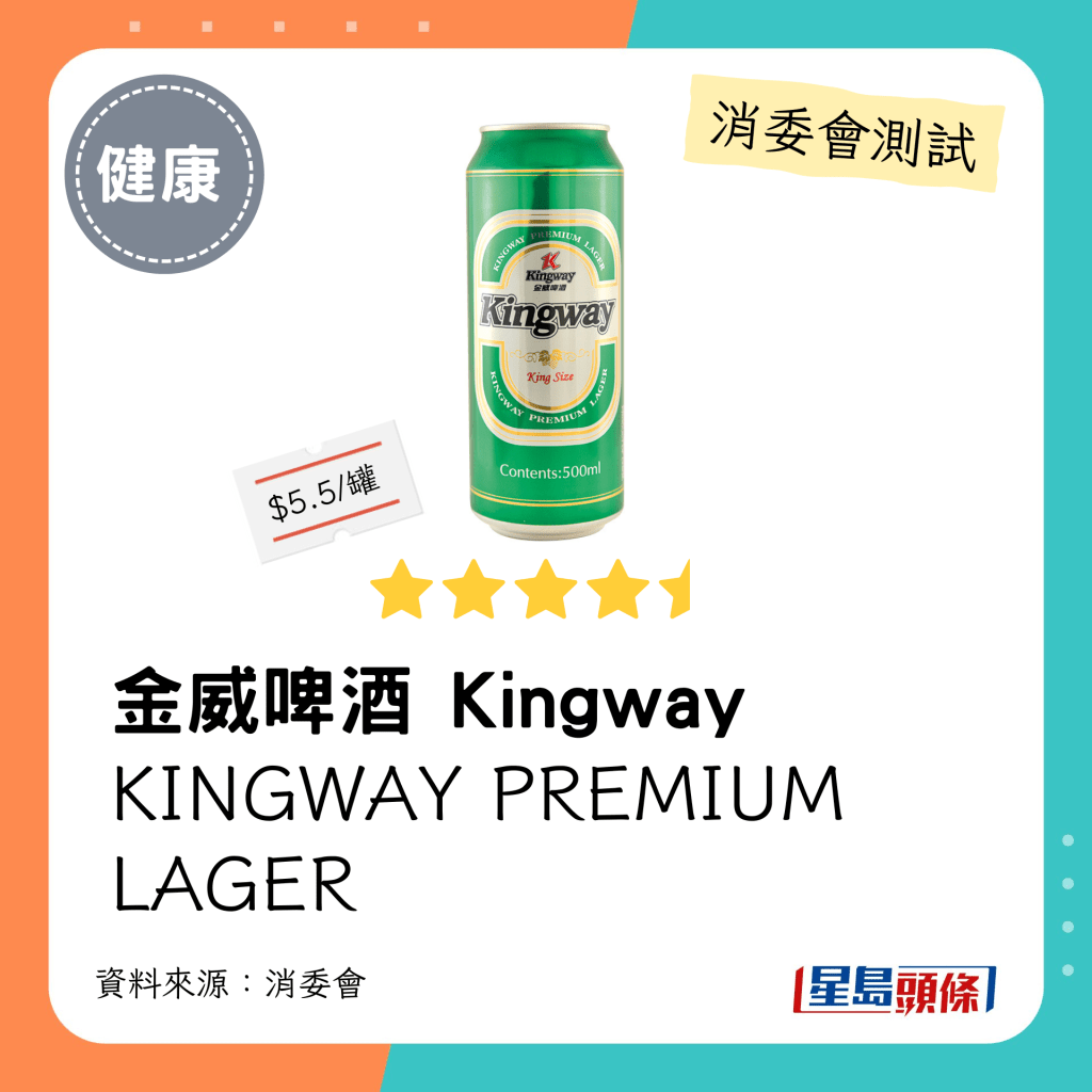 消委會啤酒檢測名單：金威啤酒 Kingway  KINGWAY PREMIUM LAGER（4.5星）