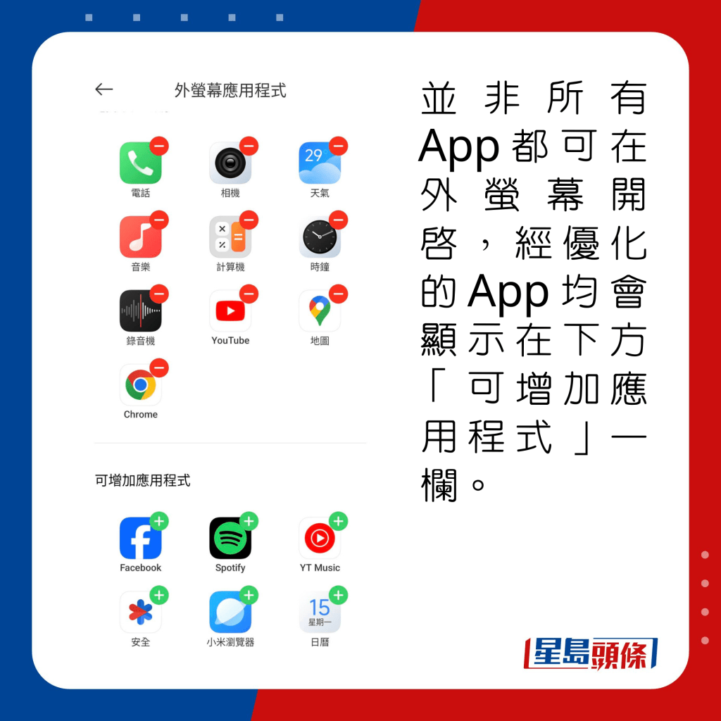 并非所有App都可在外萤幕开启，经优化的App均会显示在下方「可增加应用程式」一栏。 