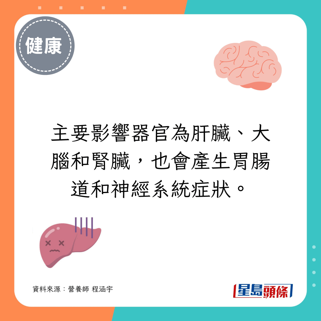 主要影響器官為肝臟、大腦和腎臟，也會產生胃腸道和神經系統症狀。