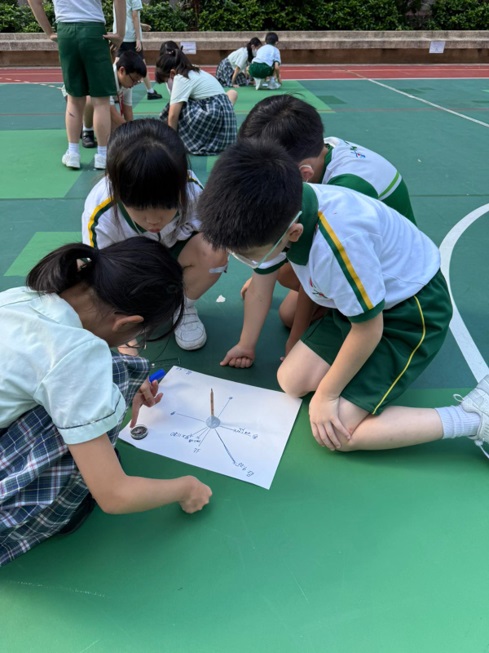 學生自製日晷去量度不同時間物件的影子長度。(圖片來源:受訪學校提供) 學生自製日晷去量度不同時間物件的影子長度。(圖片來源:受訪學校提供)