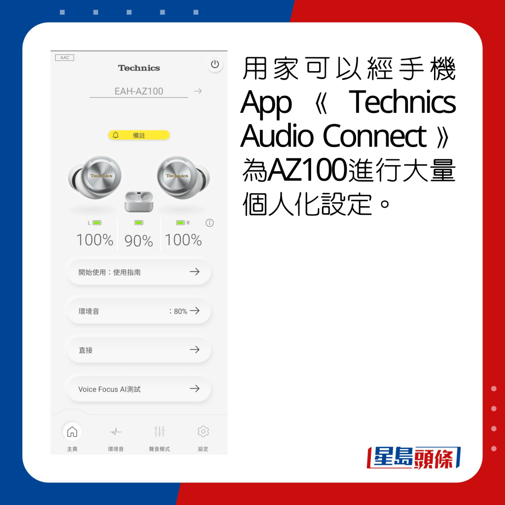 用家可以經手機App《Technics Audio Connect》為AZ100進行大量個人化設定。