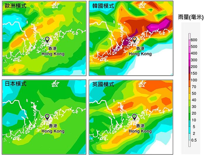 各大電腦模式對於今日（5月13日）早上於珠江口一帶的累積雨量分佈的預測，各模式的預測差異頗大。