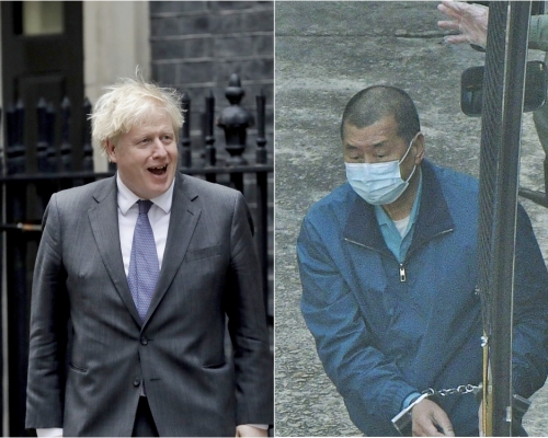 英國首相發言人稱密切關注黎智英被捕一事。AP資料圖片、資料圖片。