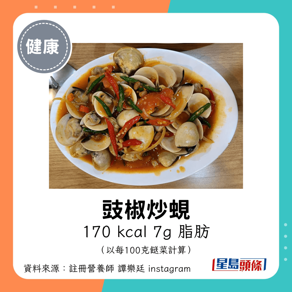 豉椒炒蜆：170 kcal、7g 脂肪