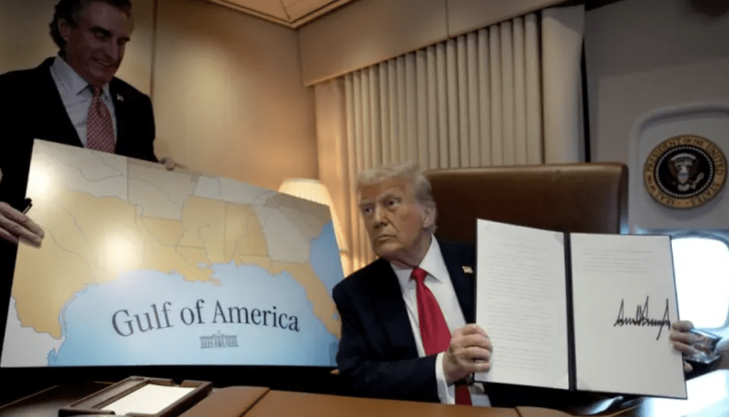 特朗普早前已將「墨西哥灣」(Gulf of Mexico)改為「美洲灣」(Gulf of America)。美聯社 特朗普早前已將「墨西哥灣」(Gulf of Mexico)改為「美洲灣」(Gulf of America)。美聯社