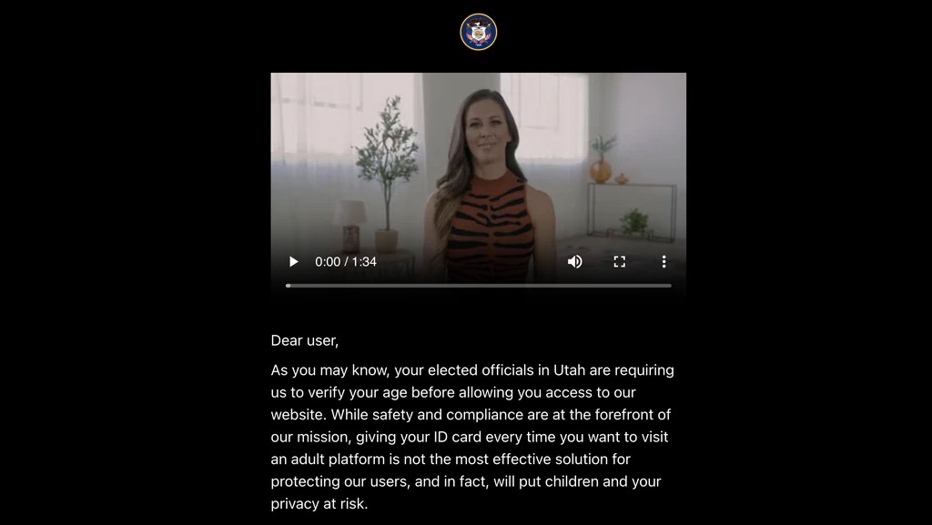 犹他州民众访问Pornhub看不到A片，只看到成人影星德维尔（Cherie DeVille）提醒注意年龄验证法的私隐问题。 网上图片