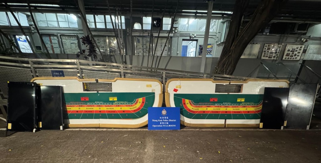 警方在行動中檢獲兩張百家樂枱、面值約二萬四千元的籌碼、約二萬六千元現金及一批賭具。警方圖片