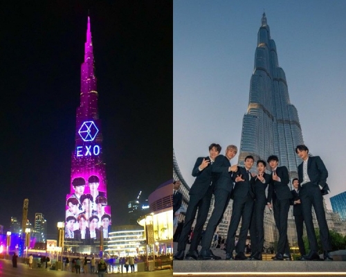 EXO的LED燈跟噴泉主題曲互相配合。