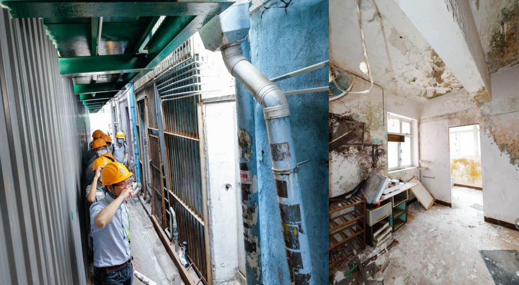 市建局總經理(樓宇復修)李文豪(左)帶領學員現場感受舊樓喉管破爛傳出惡臭,和視察大廈內部日久失修的惡劣情況。
