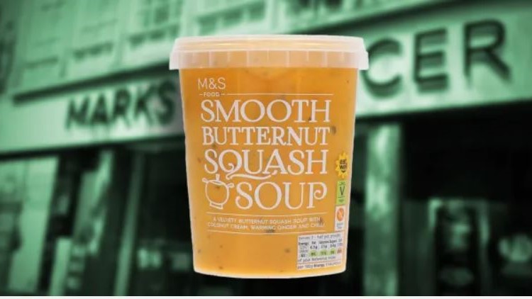 馬莎百貨一款預先包裝南瓜湯疑含金屬碎片，食安中心籲市民勿食用。網圖  