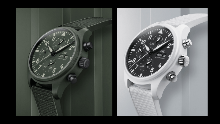 IWC Pilot's Watch Chronograph Top Gun兩款彩色陶瓷表款，分別是白色陶瓷的Lake Tahoe太浩湖版及綠色陶瓷的Woodland版，搭載69380自動機芯 ，售價各為$83,900。