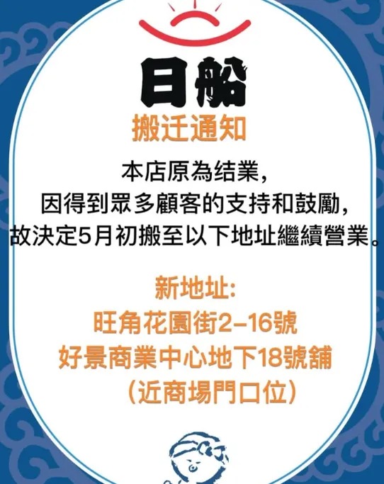 「日船」原本承租旺角花園街18號一個地舖,約滿遷往商場地舖,省下55%的租金。 「日船」原本承租旺角花園街18號一個地舖,約滿遷往商場地舖,省下55%的租金。