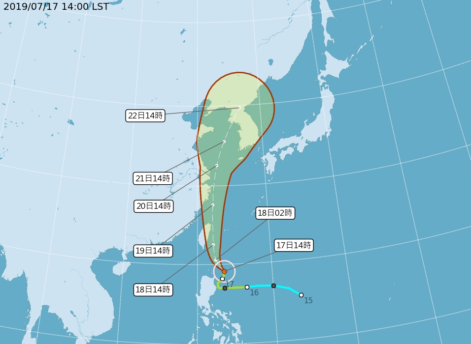 風暴「丹娜絲」路徑持續向東調整。中央氣象局
