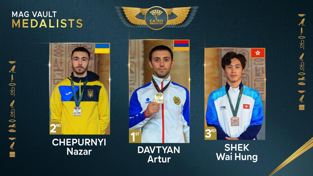 周日结束的开罗站头三甲，包括铜牌石伟（右起)、金牌的阿亚美尼亚选手Artur Davtyan（中）及亚军的乌克兰选手Nazar Chepurnyi都会参加德国站。Sergiy fb图