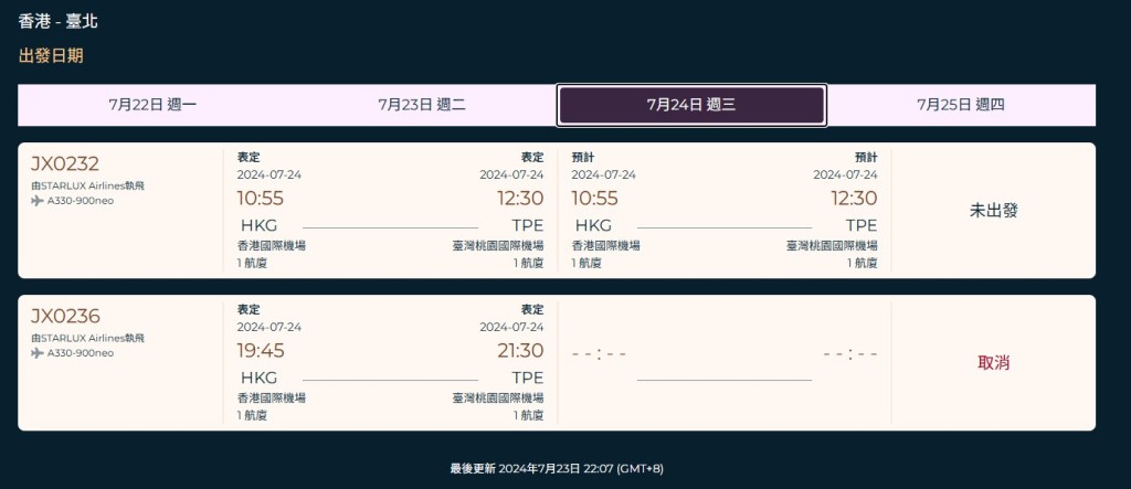 星宇航空周三往返台北各有1班机取消。星宇航空网站截图